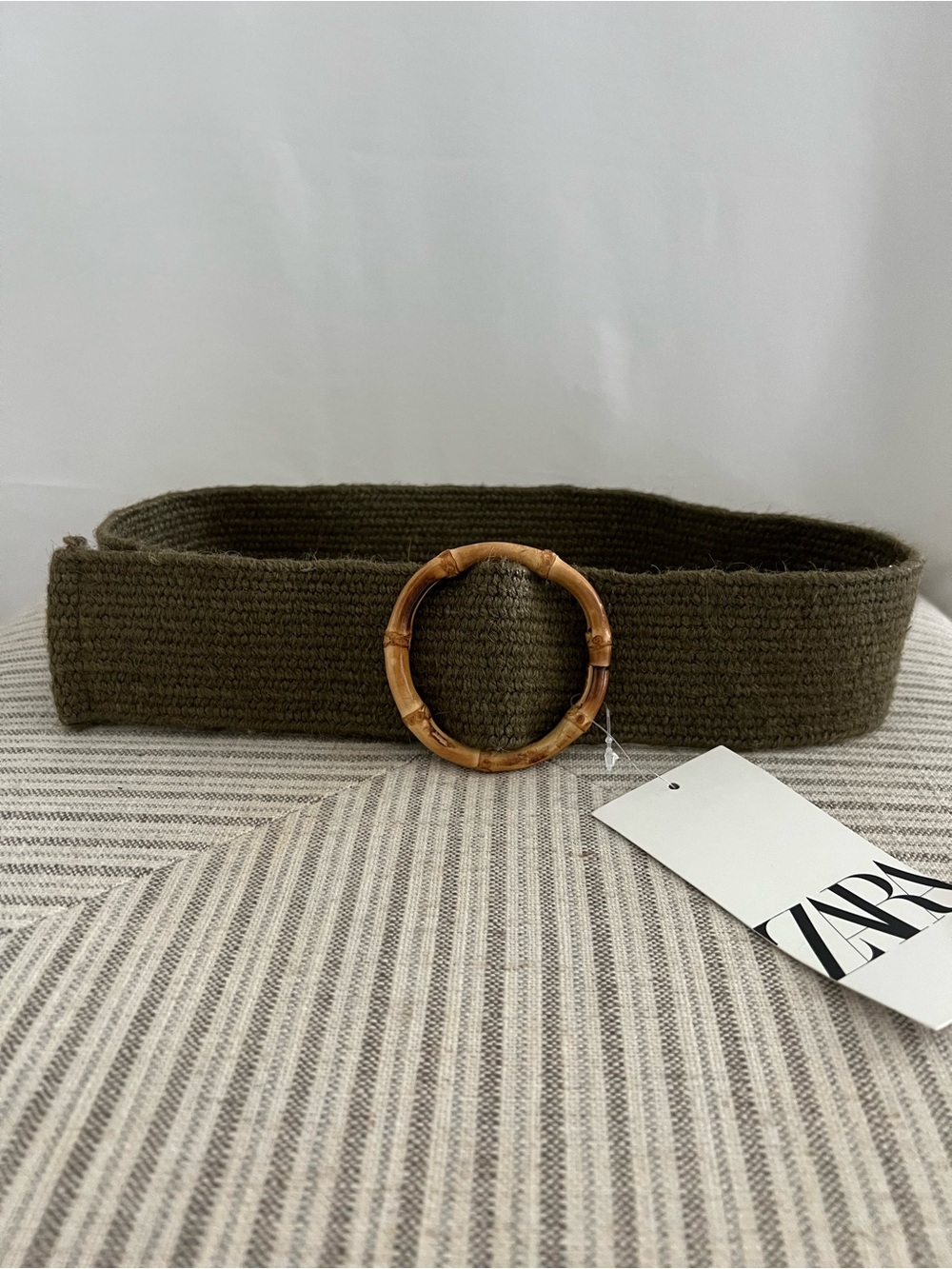 NWT ZARA Bamboo Buckle Olive woven stretch Belt 30
